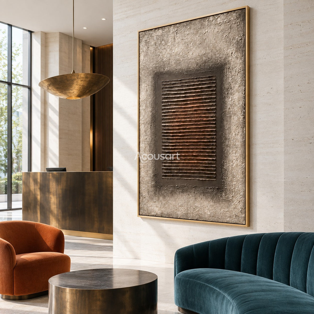 Modern geometric relief wall art with layered horizontal lines, dark taupe center, warm beige background, and minimalist abstract design