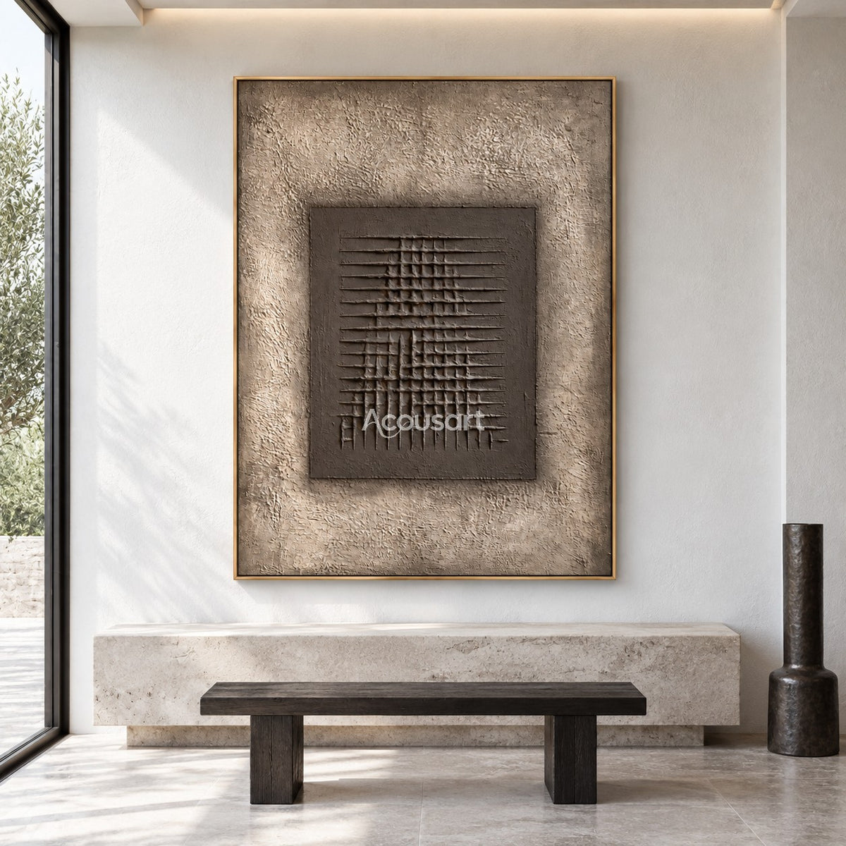 Modern geometric relief wall art with intersecting horizontal and vertical lines, warm taupe center, beige background, and abstract minimalist design