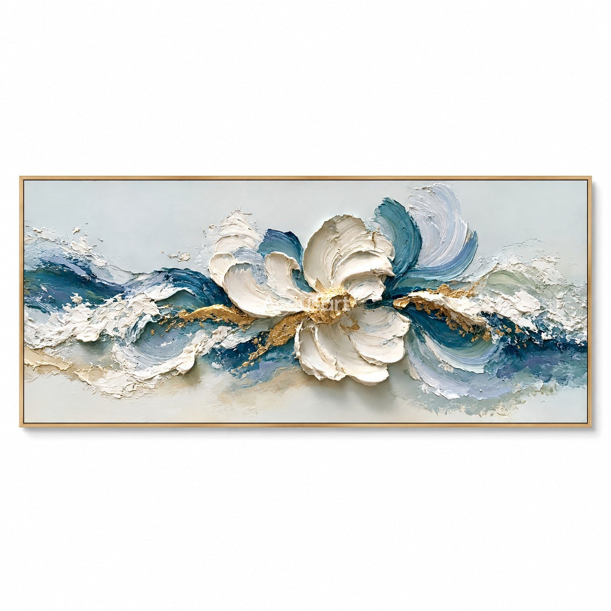 Blue floral abstract wall art with large white flower, flowing ocean waves, teal and navy tones, and gold accents