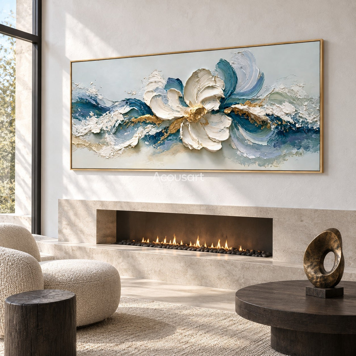 Blue floral abstract wall art with large white flower, flowing ocean waves, teal and navy tones, and gold accents