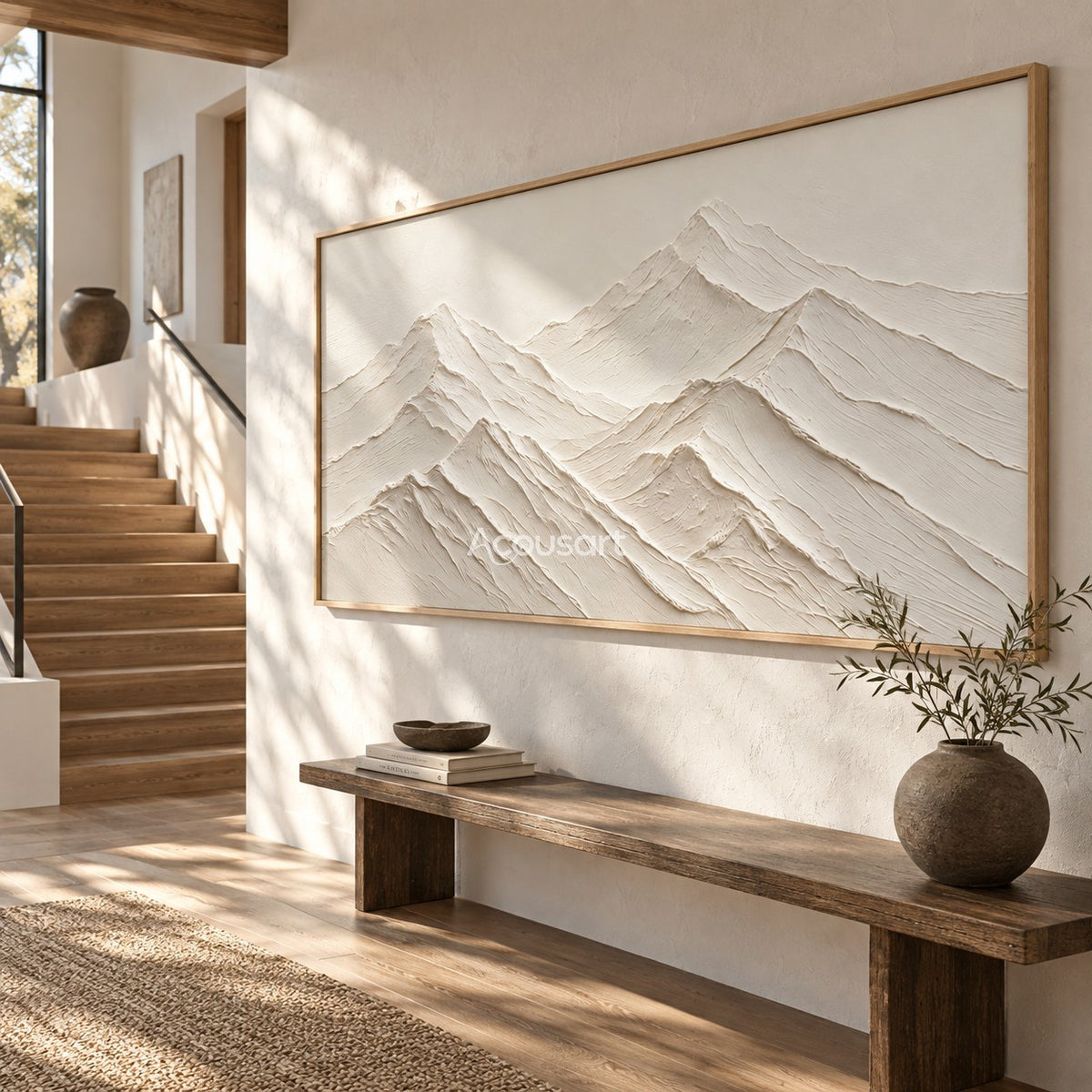 White mountain relief wall art with layered neutral peaks, soft cream tones, and wide minimalist landscape design
