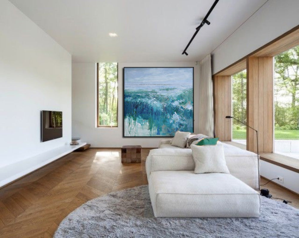 My Peace in the Storm horizontal art abstract seascape painting in blue tones