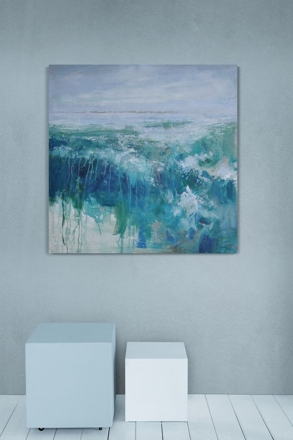 My Peace in the Storm horizontal art abstract seascape painting in blue tones