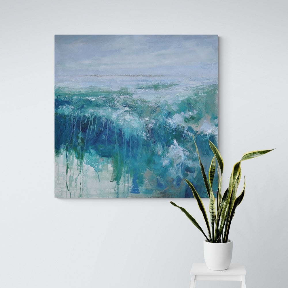 My Peace in the Storm horizontal art abstract seascape painting in blue tones