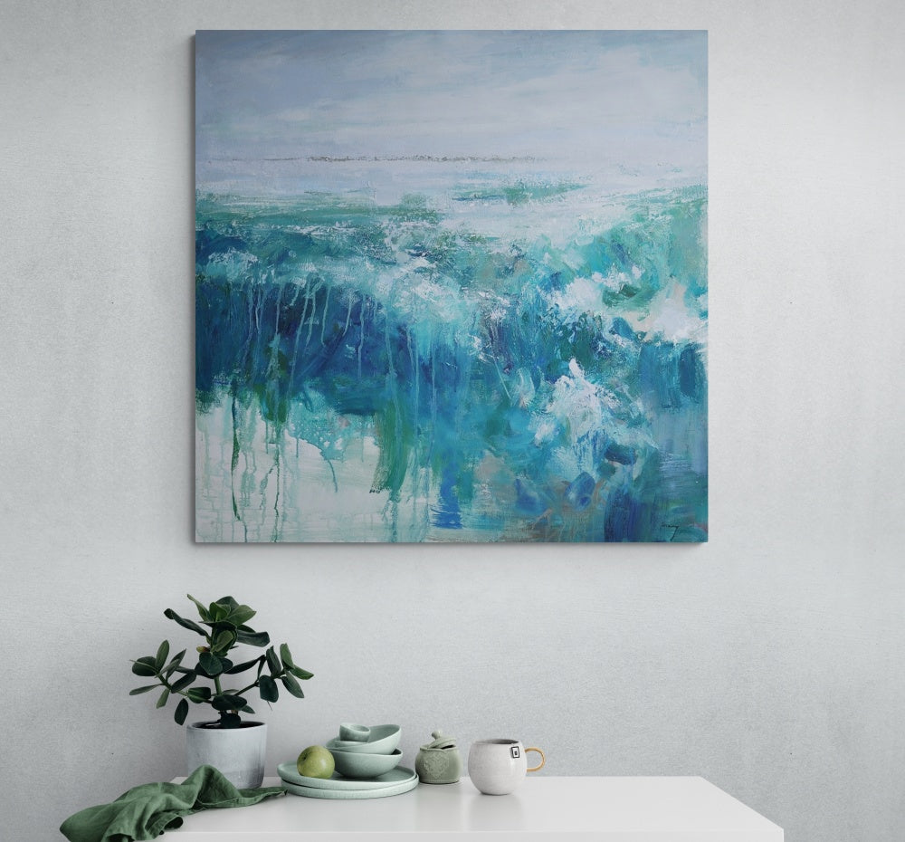 My Peace in the Storm horizontal art abstract seascape painting in blue tones