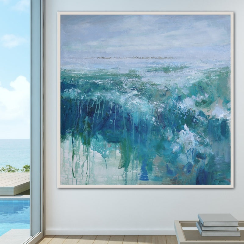 My Peace in the Storm horizontal art abstract seascape painting in blue tones