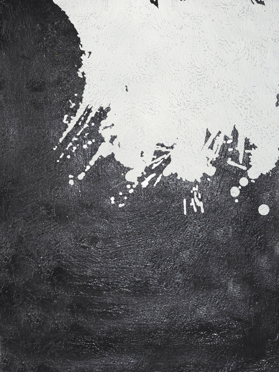 "Engulfed contemporary abstract painting in black and white with textured brushstrokes."