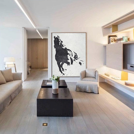Running horse painting in black and white silhouette, symbolizing strength and stamina