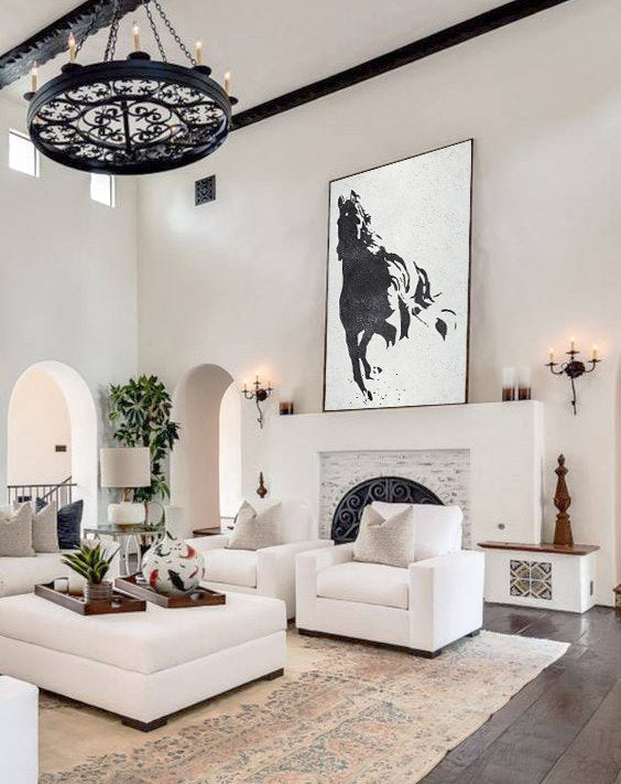 Running horse painting in black and white silhouette, symbolizing strength and stamina