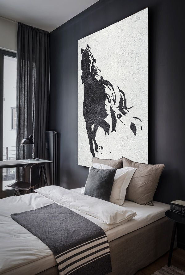 Running horse painting in black and white silhouette, symbolizing strength and stamina