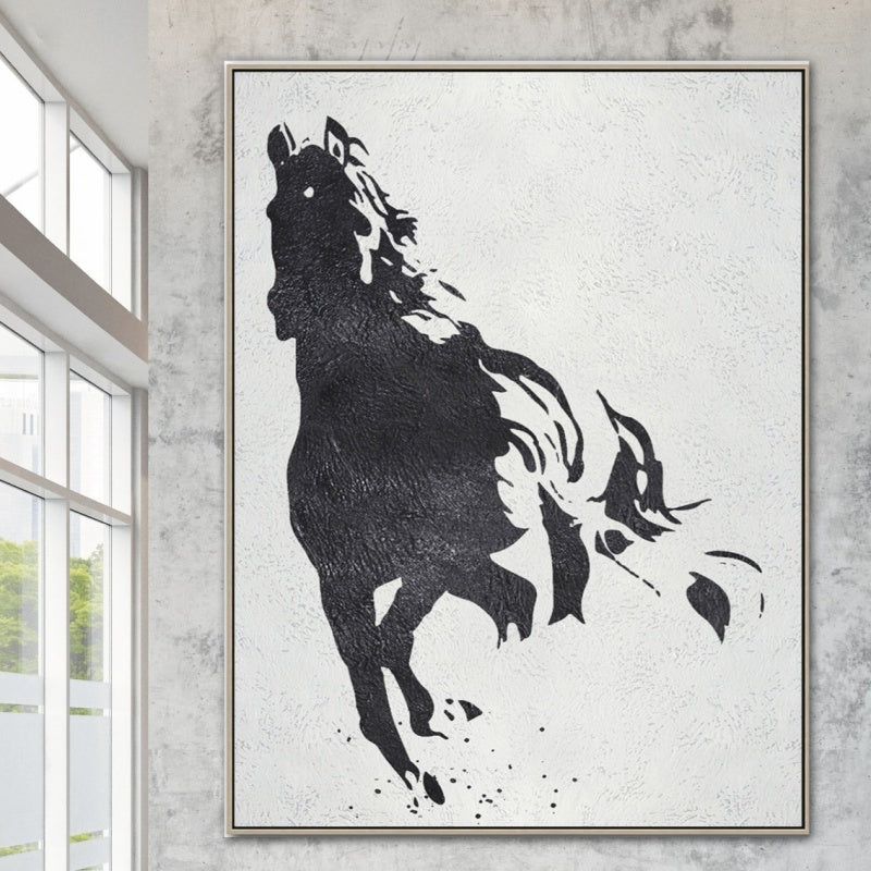 Running horse painting in black and white silhouette, symbolizing strength and stamina