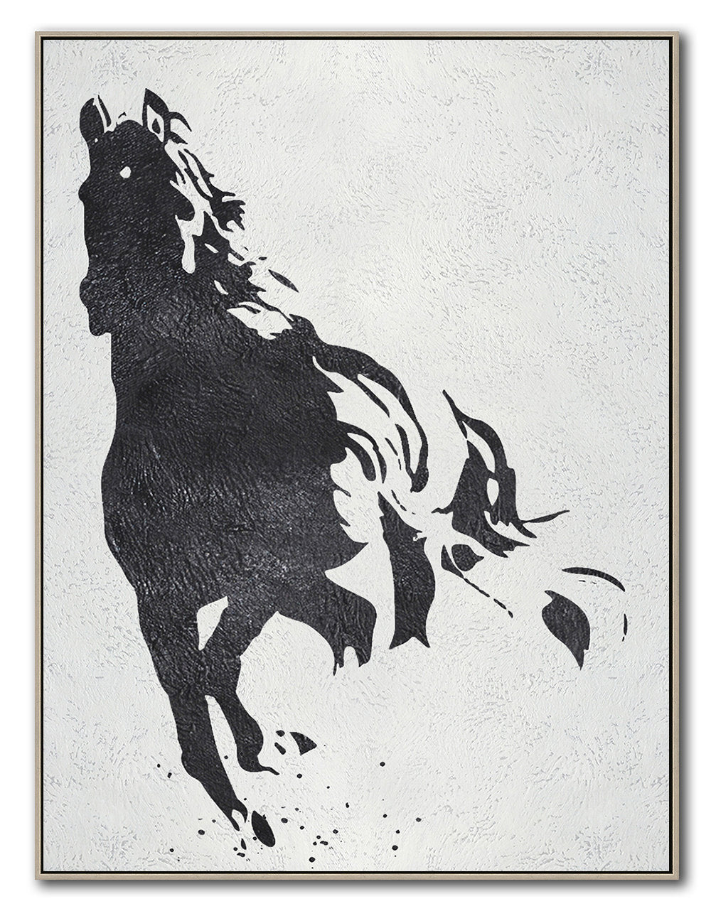Running horse painting in black and white silhouette, symbolizing strength and stamina