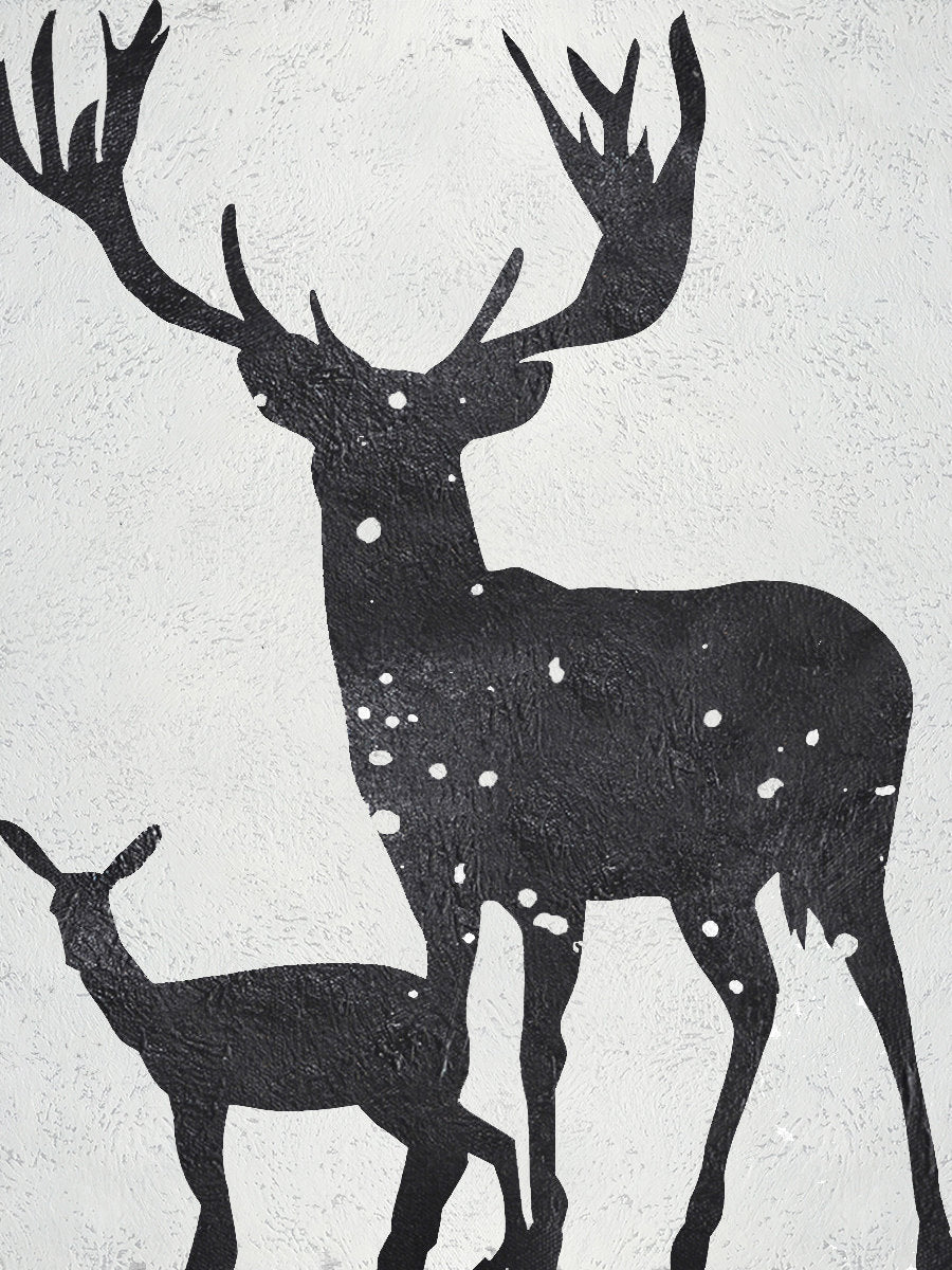 Black and white deer art with stag and fawn silhouette