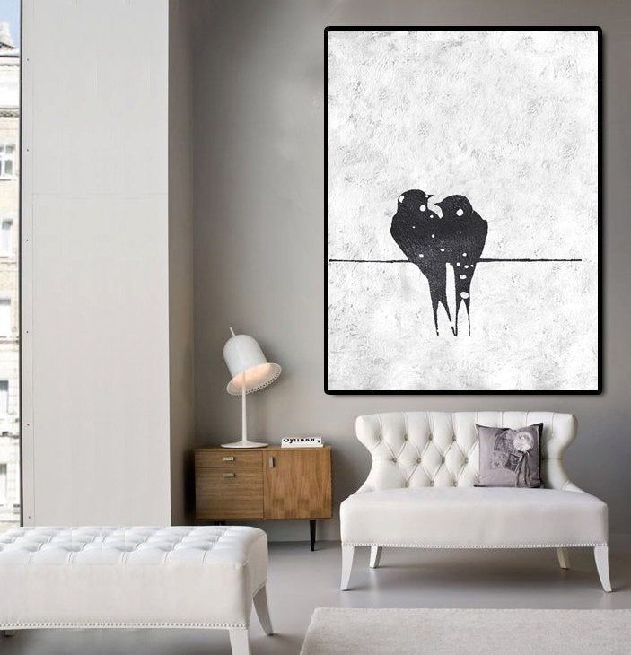 Minimalist bird painting with two love birds sitting together on a textured white canvas