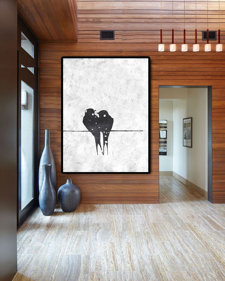 Minimalist bird painting with two love birds sitting together on a textured white canvas
