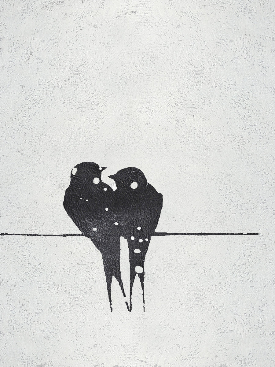 Minimalist bird painting with two love birds sitting together on a textured white canvas
