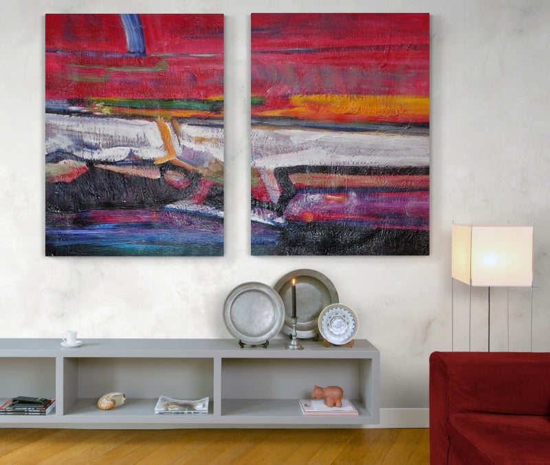 Marie colorful abstract wall art diptych with bold red, yellow, purple, and blue textured brushstrokes