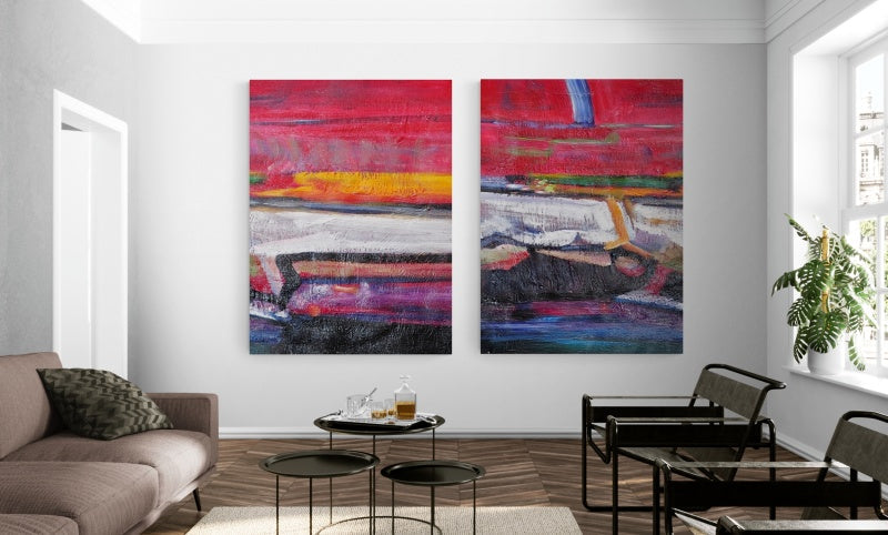 Marie colorful abstract wall art diptych with bold red, yellow, purple, and blue textured brushstrokes