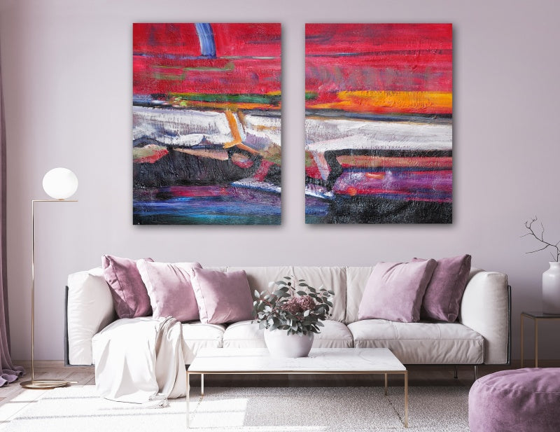 Marie colorful abstract wall art diptych with bold red, yellow, purple, and blue textured brushstrokes