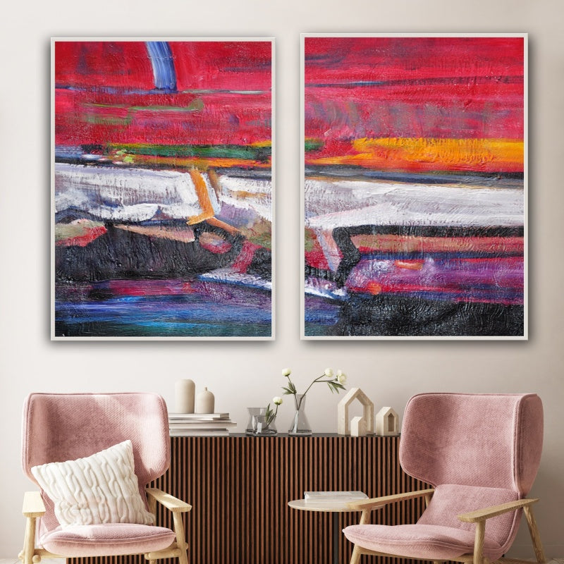 Marie colorful abstract wall art diptych with bold red, yellow, purple, and blue textured brushstrokes