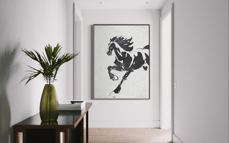 Running horse wall art black and white abstract painting with dynamic motion