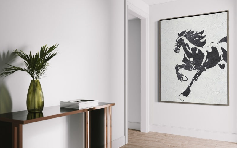 Running horse wall art black and white abstract painting with dynamic motion