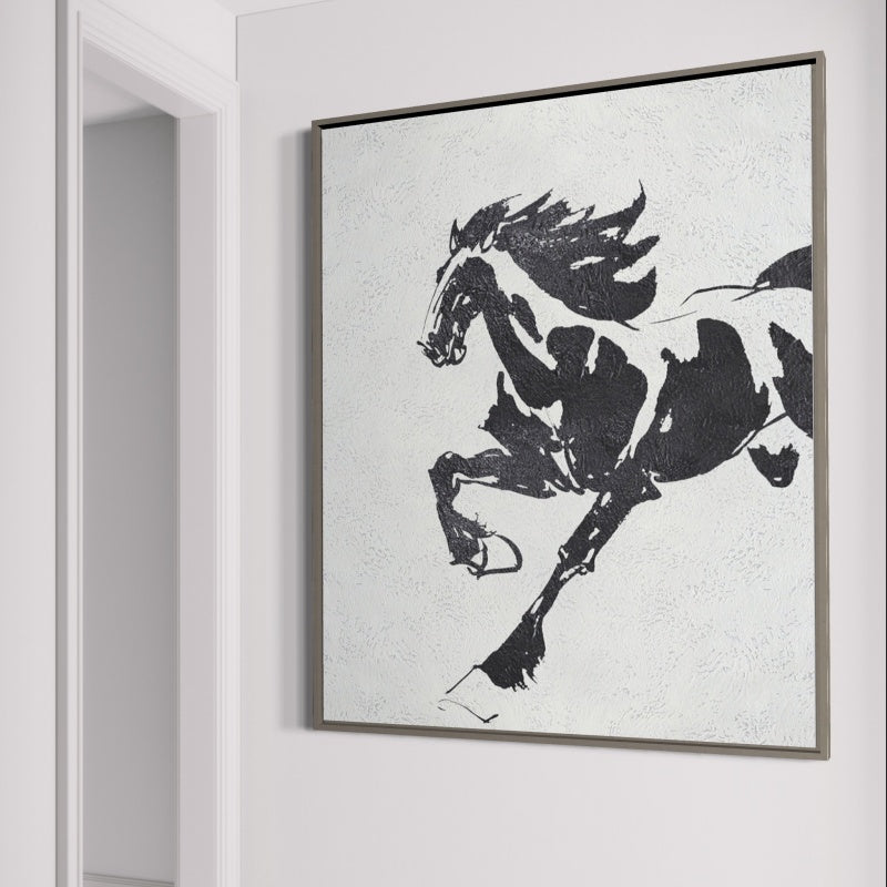 Running horse wall art black and white abstract painting with dynamic motion