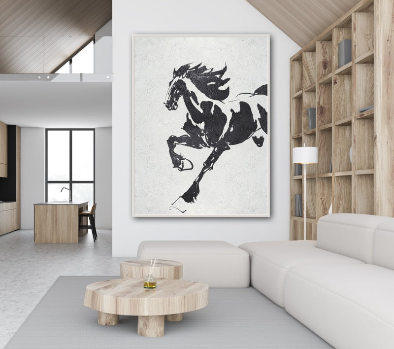Running horse wall art black and white abstract painting with dynamic motion