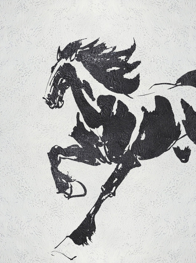 Running horse wall art black and white abstract painting with dynamic motion