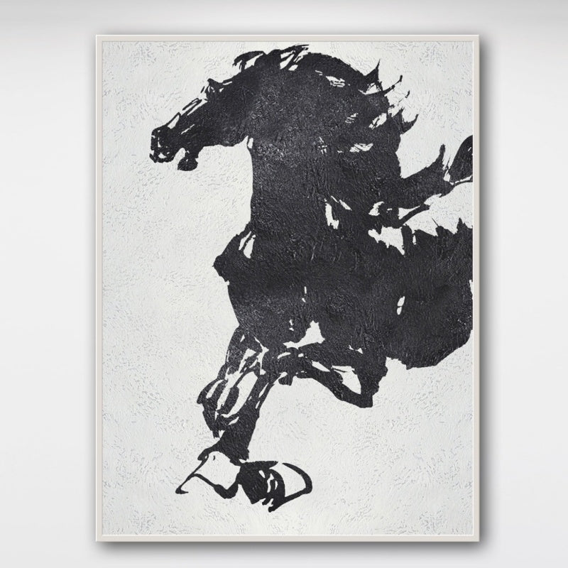 Black and white horse painting with bold brushstrokes and textured abstract style