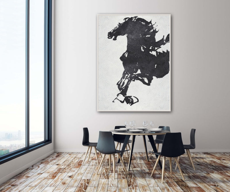 Black and white horse painting with bold brushstrokes and textured abstract style