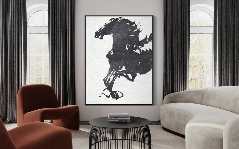 Black and white horse painting with bold brushstrokes and textured abstract style