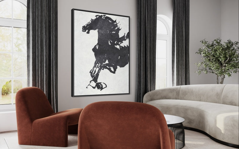 Black and white horse painting with bold brushstrokes and textured abstract style