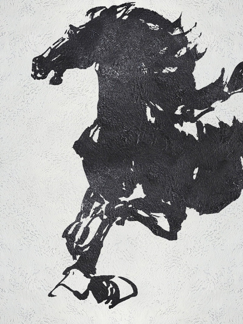 Black and white horse painting with bold brushstrokes and textured abstract style