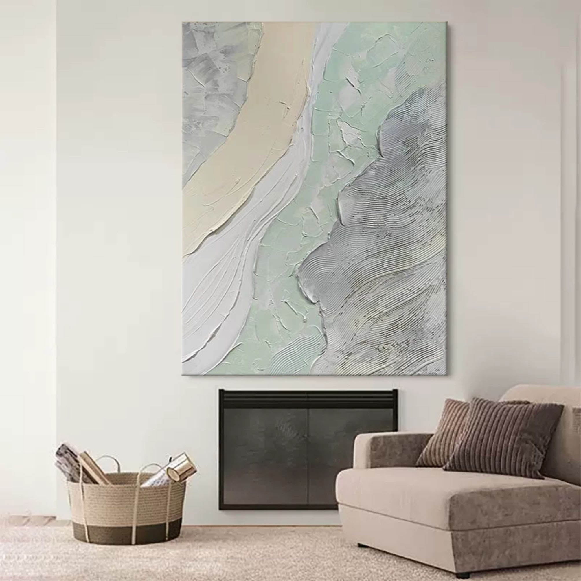 Neutral abstract wall art oil painting with textured beige, gray, and soft green tones