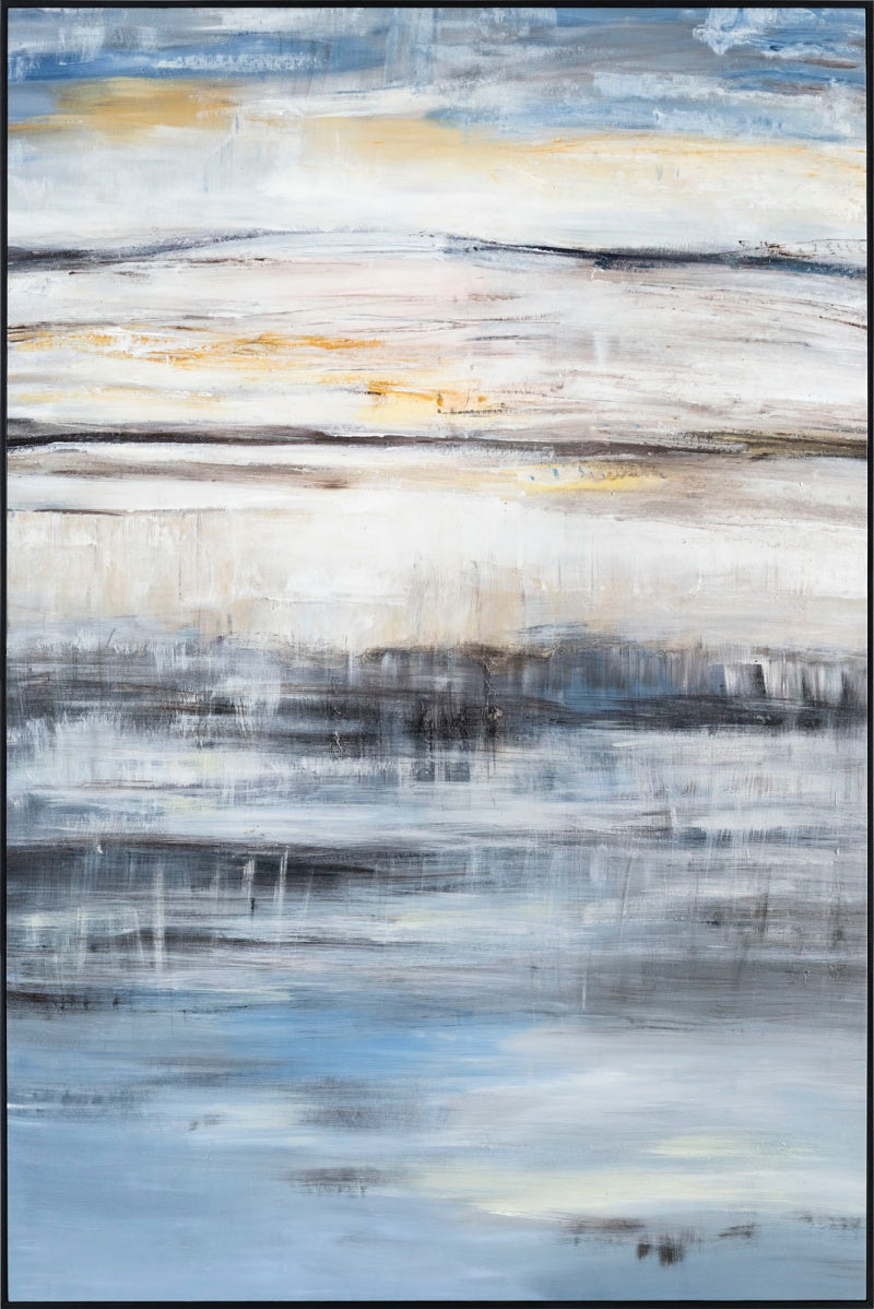 Sunrise blue and white wall art abstract painting with golden sunrise tones
