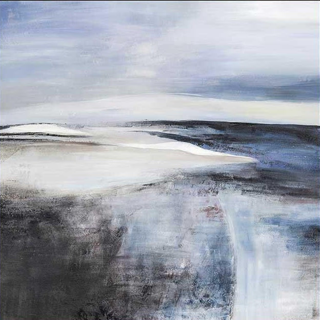 Abstract seascape painting in blue and gray tones, large canvas wall art for living room.