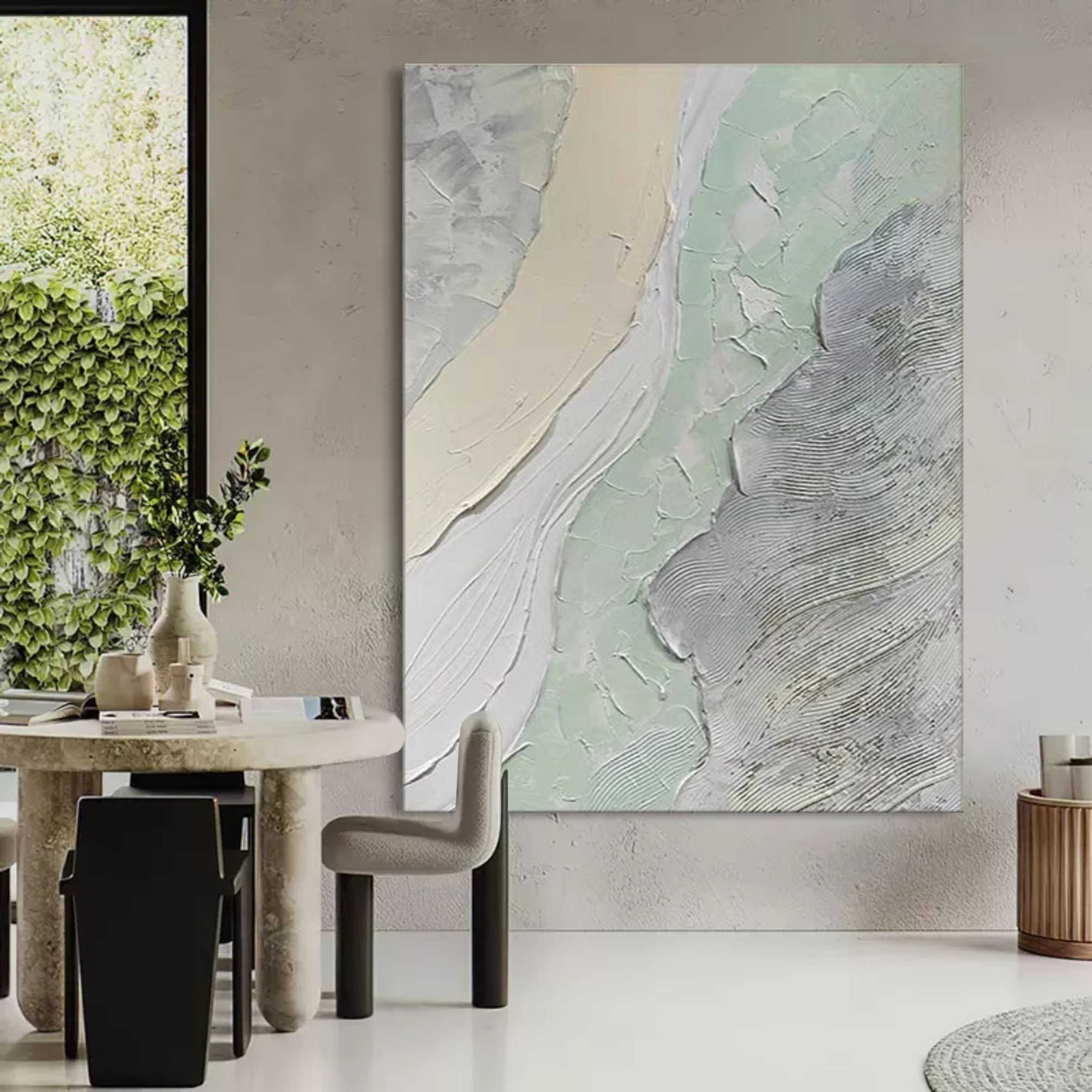 Neutral abstract wall art oil painting with textured beige, gray, and soft green tones