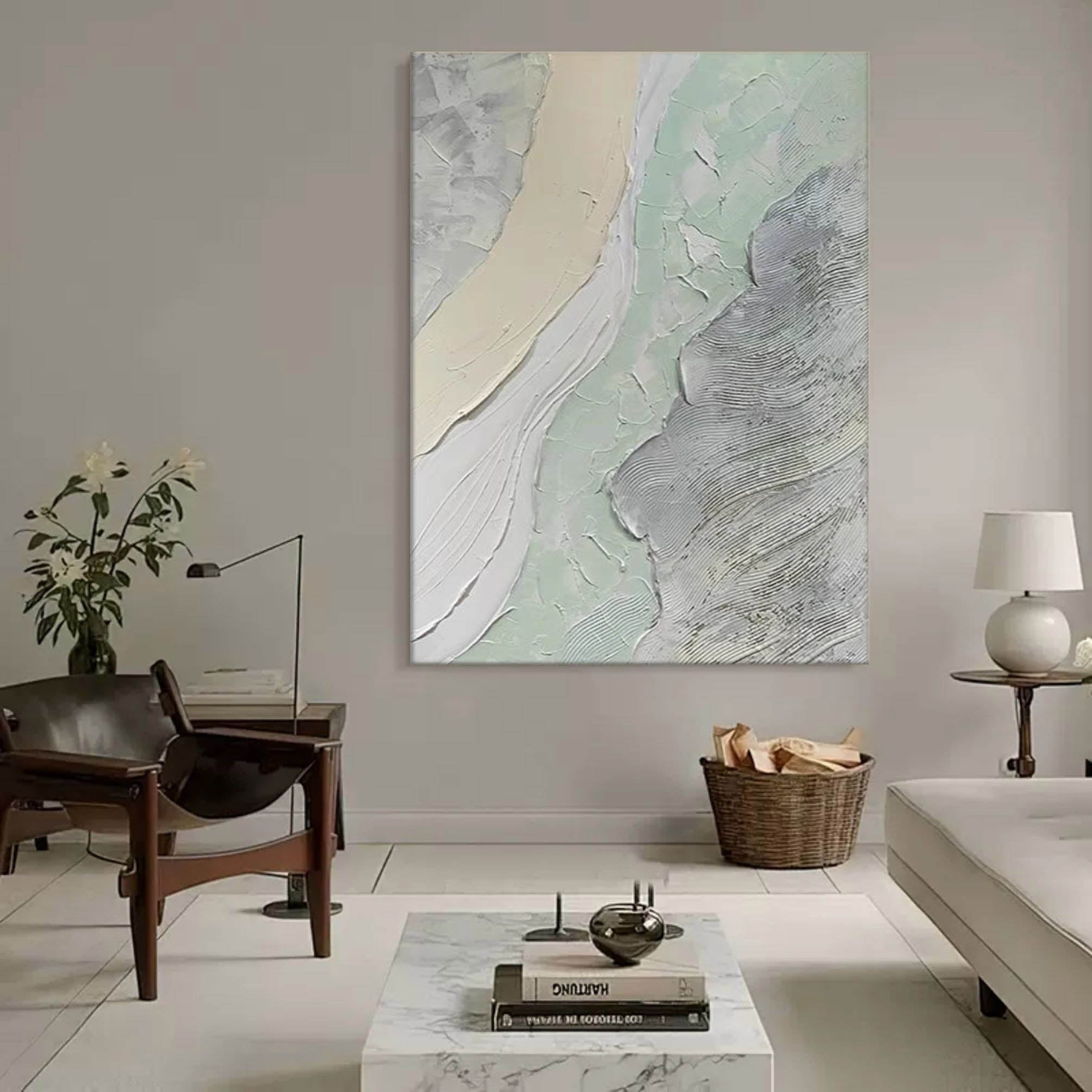 Neutral abstract wall art oil painting with textured beige, gray, and soft green tones