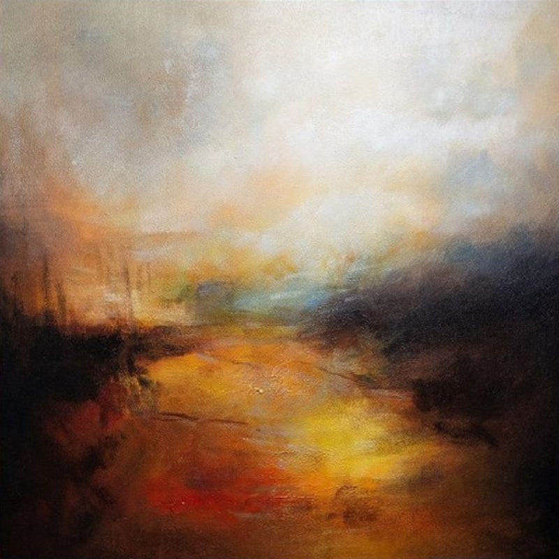 Contemporary landscape abstract art featuring warm colors and textured layers evoking a serene journey.