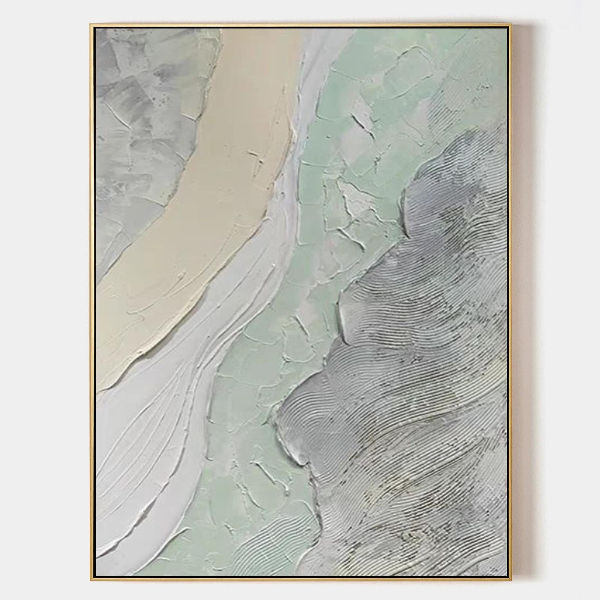 Neutral abstract wall art oil painting with textured beige, gray, and soft green tones