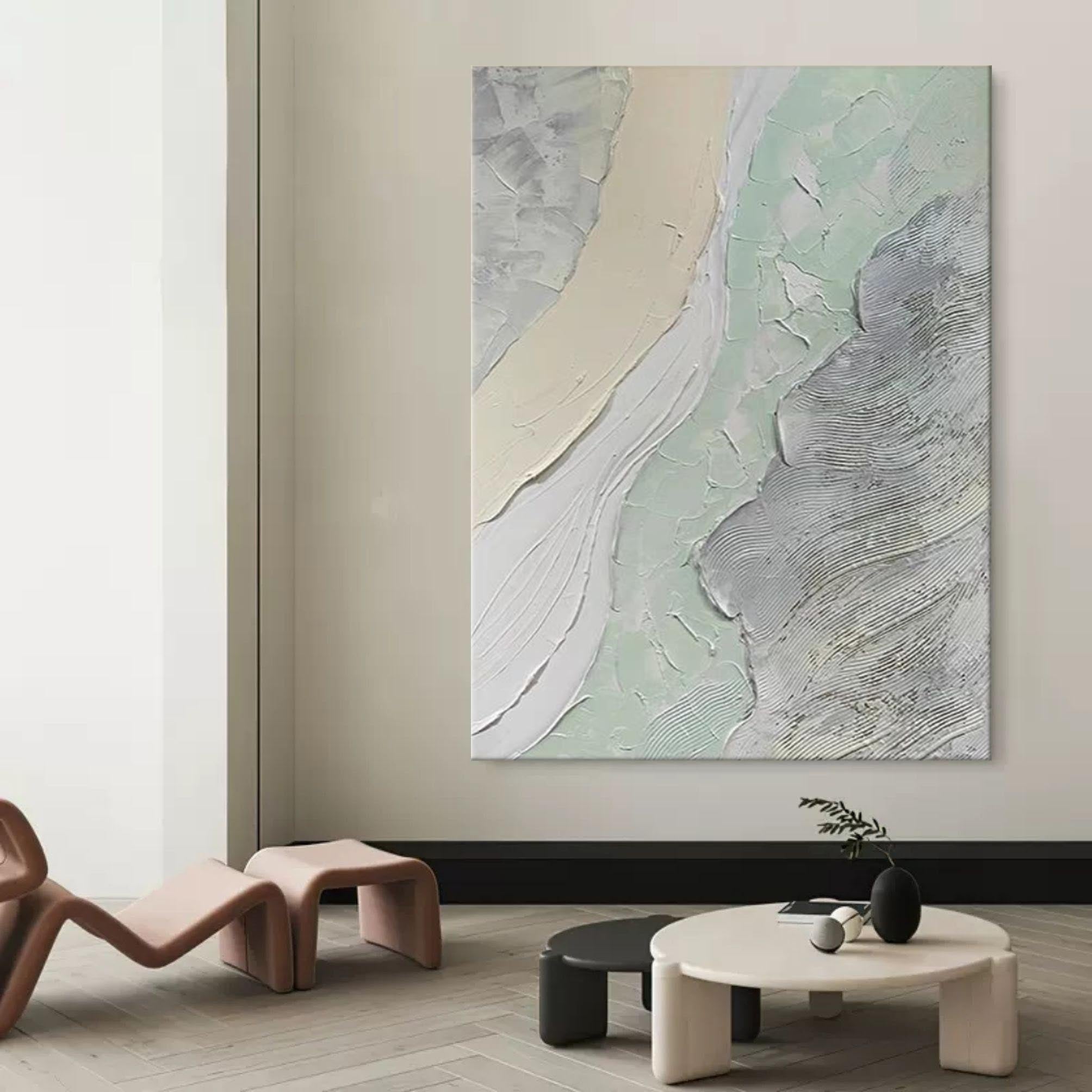 Neutral abstract wall art oil painting with textured beige, gray, and soft green tones