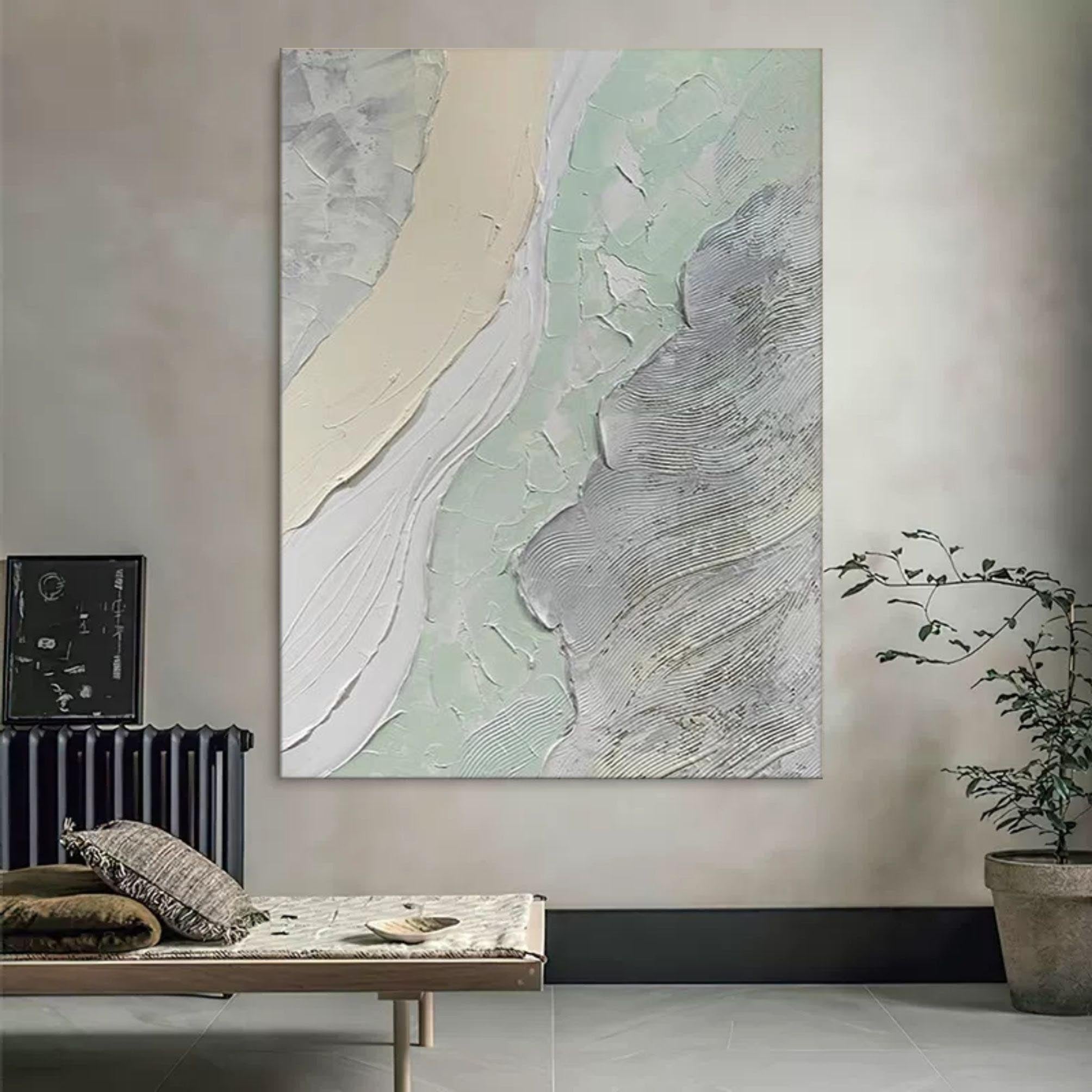 Neutral abstract wall art oil painting with textured beige, gray, and soft green tones