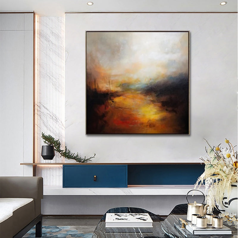 Contemporary landscape abstract art featuring warm colors and textured layers evoking a serene journey.