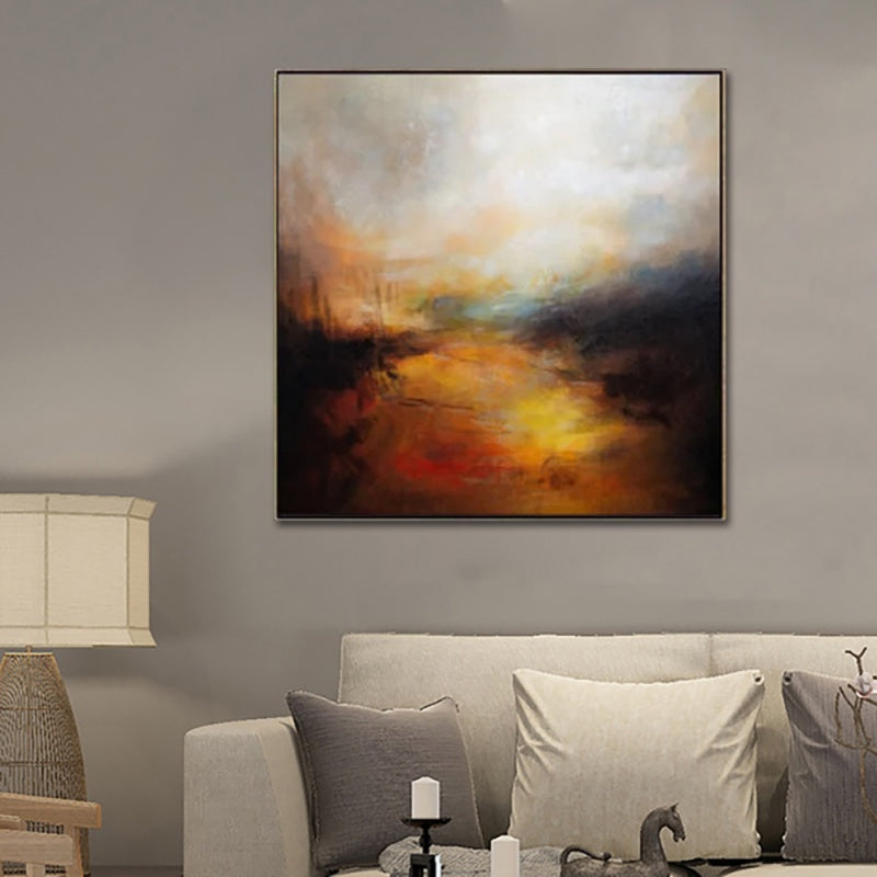 Contemporary landscape abstract art featuring warm colors and textured layers evoking a serene journey.