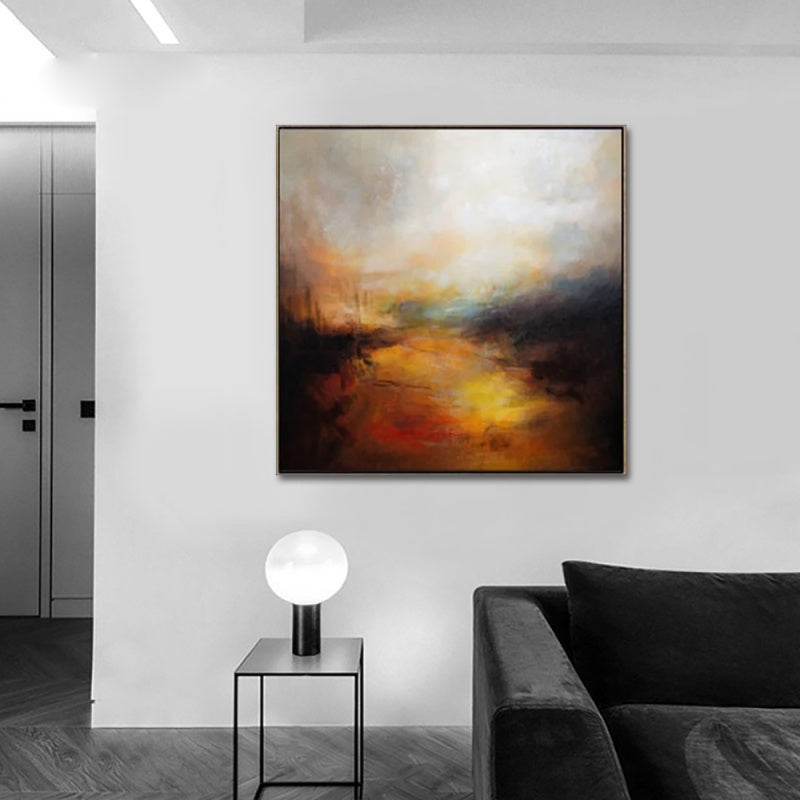 Contemporary landscape abstract art featuring warm colors and textured layers evoking a serene journey.