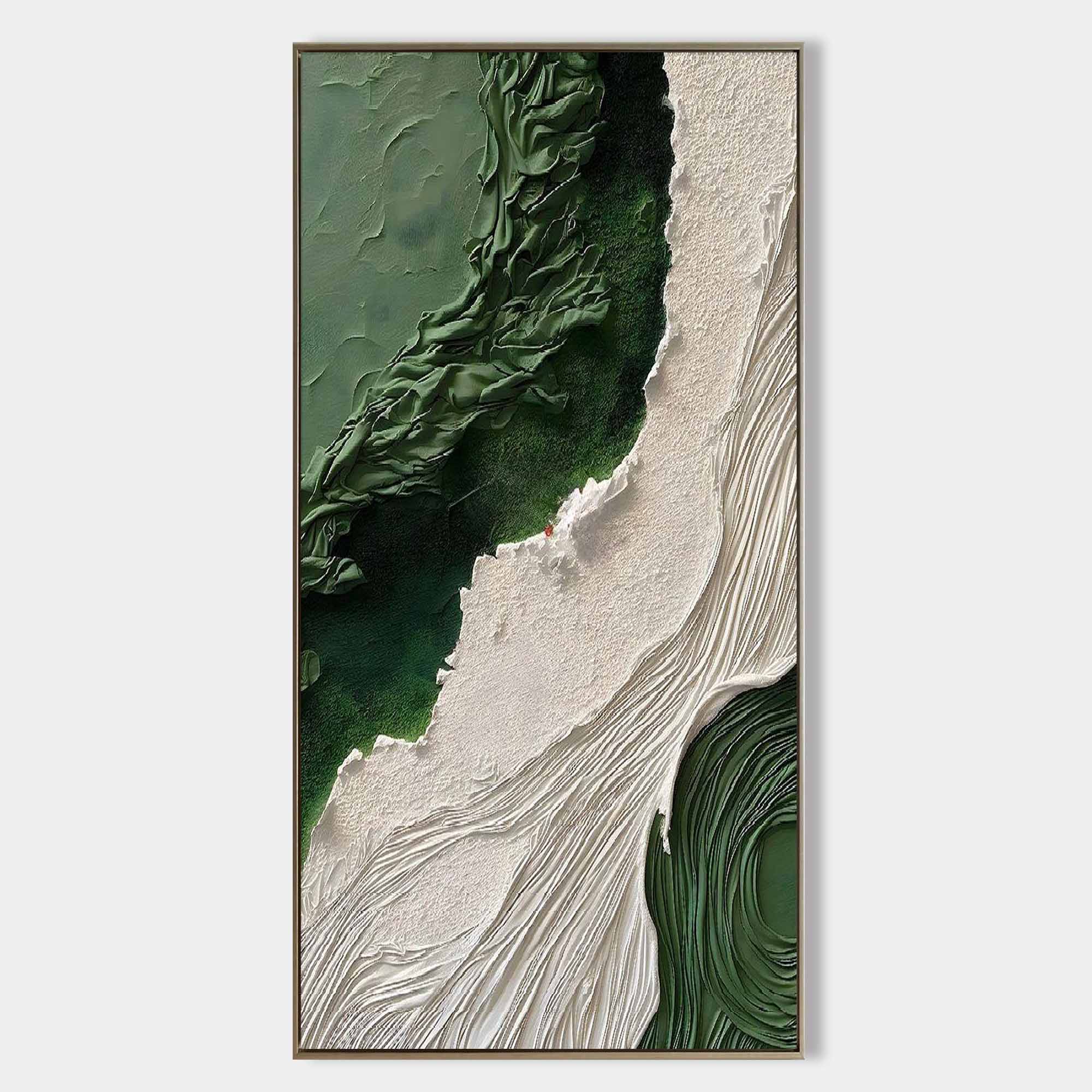 Abstract plaster art on canvas with green and ivory textured patterns, handcrafted wall painting