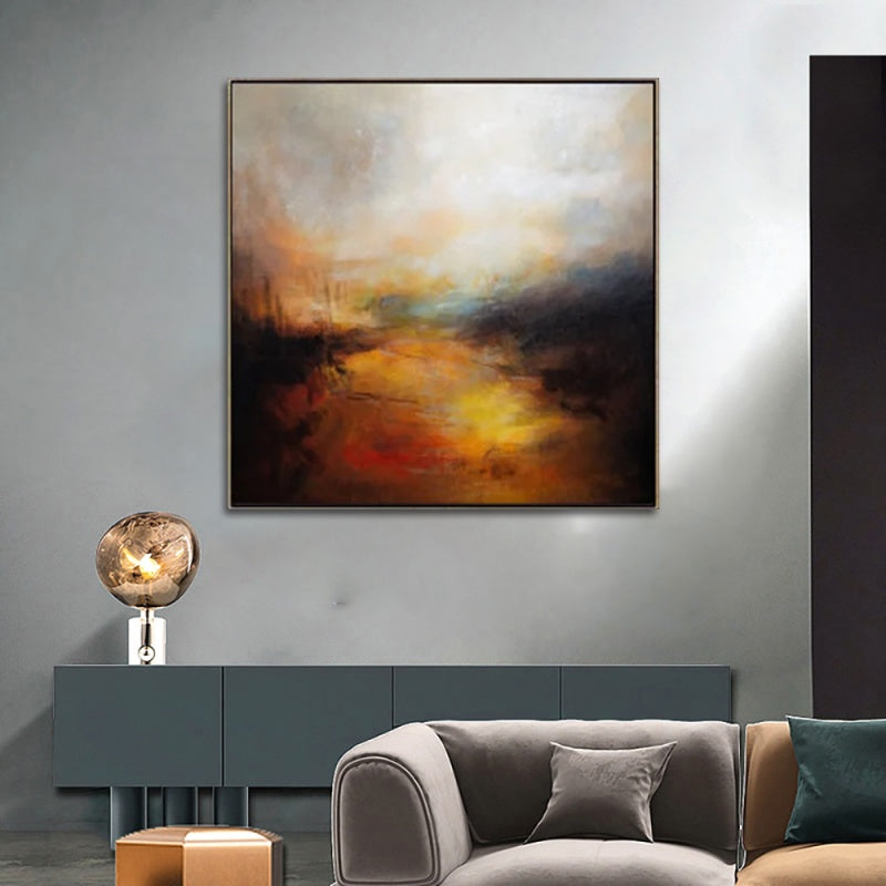 Contemporary landscape abstract art featuring warm colors and textured layers evoking a serene journey.