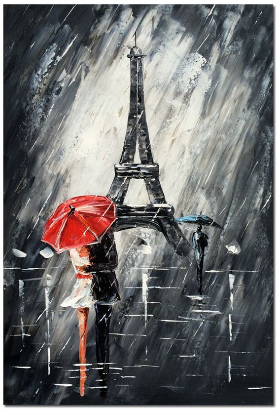 Romantic Eiffel Tower painting with a couple holding umbrellas under the rain in Paris.