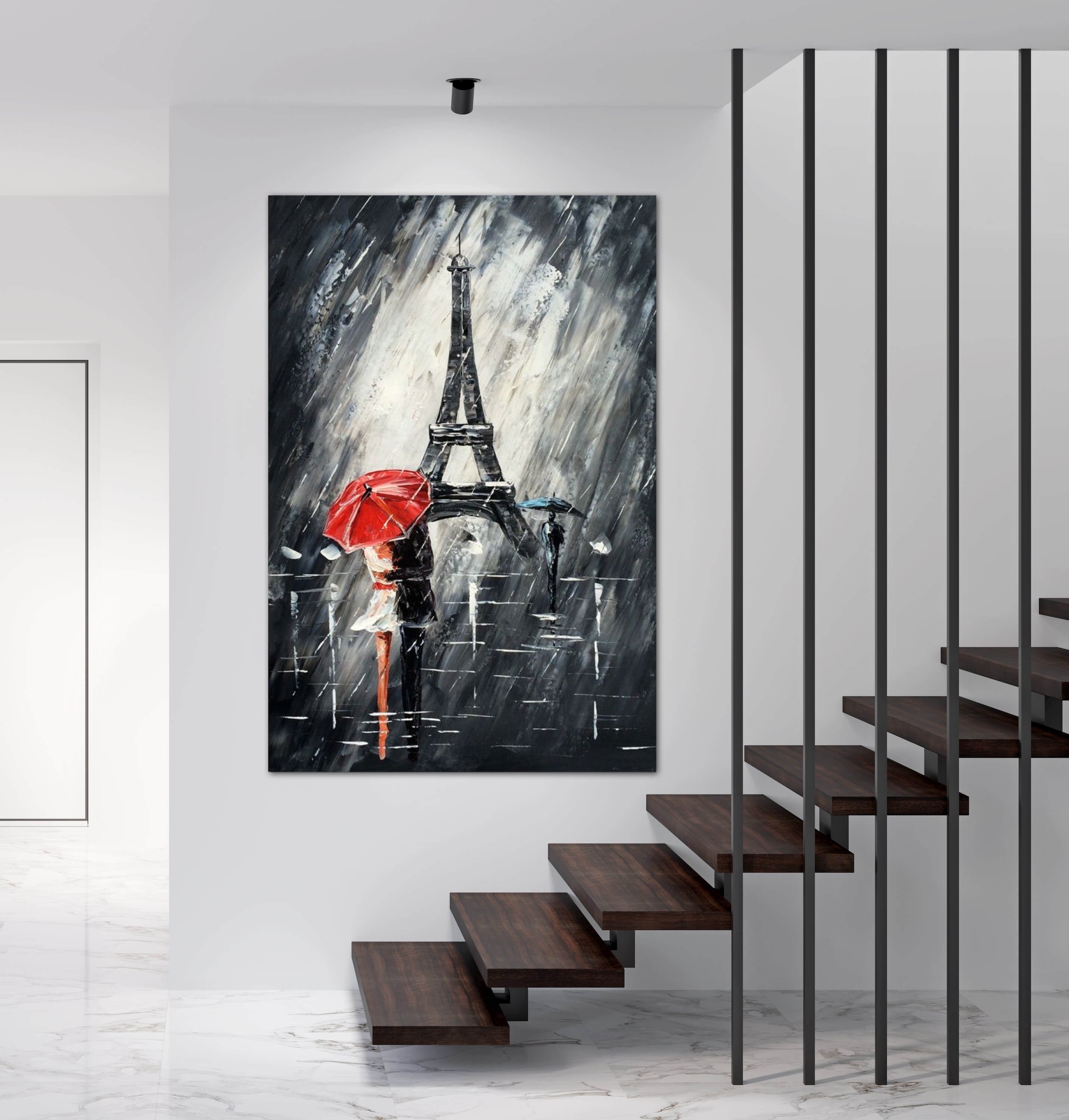 Romantic Eiffel Tower painting with a couple holding umbrellas under the rain in Paris.
